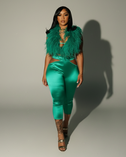 KAYLIS Halter Faux Feather Backless Top & Capri Pants Set